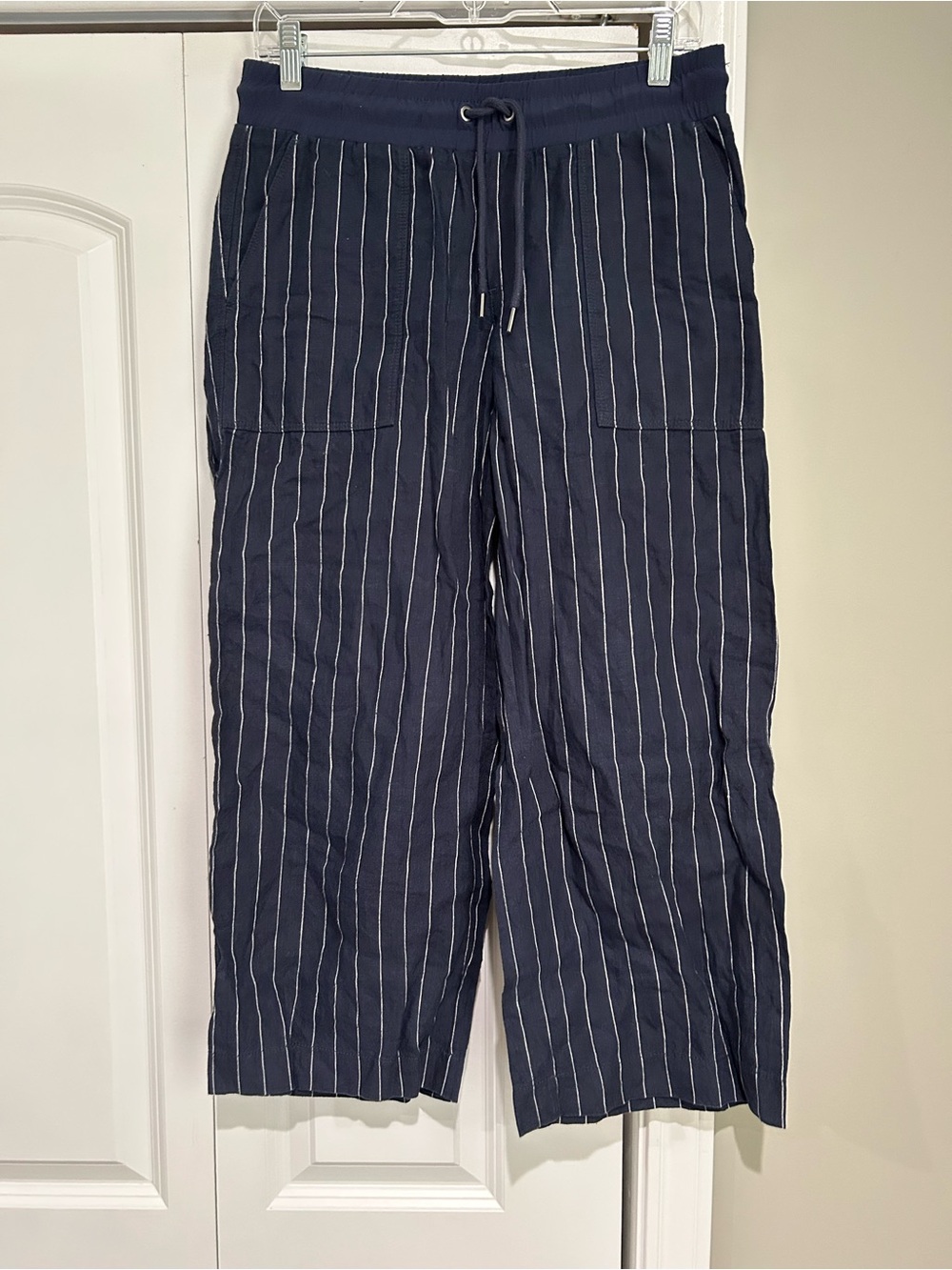 Athleta Navy Pinstripe Wide-Leg Capris with Drawstring Waist